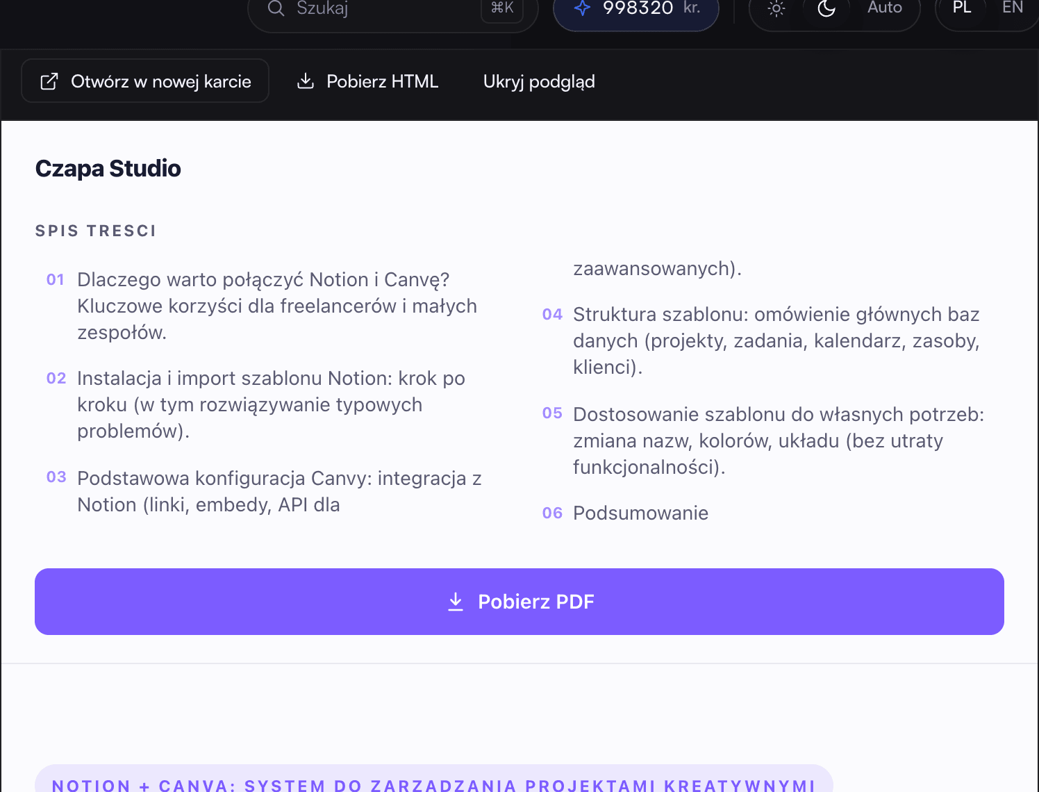 Czytnik HTML + diagramy · lead magnet, landing i maile